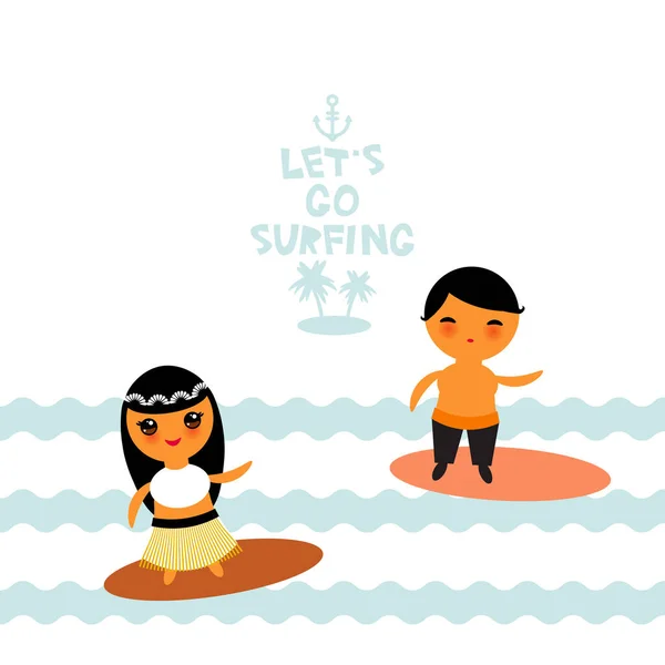Chodźmy Surfować Słodki Kawaii Chłopiec Dziewczyna Dzieci Kreskówek Surfing Pływanie — Wektor stockowy