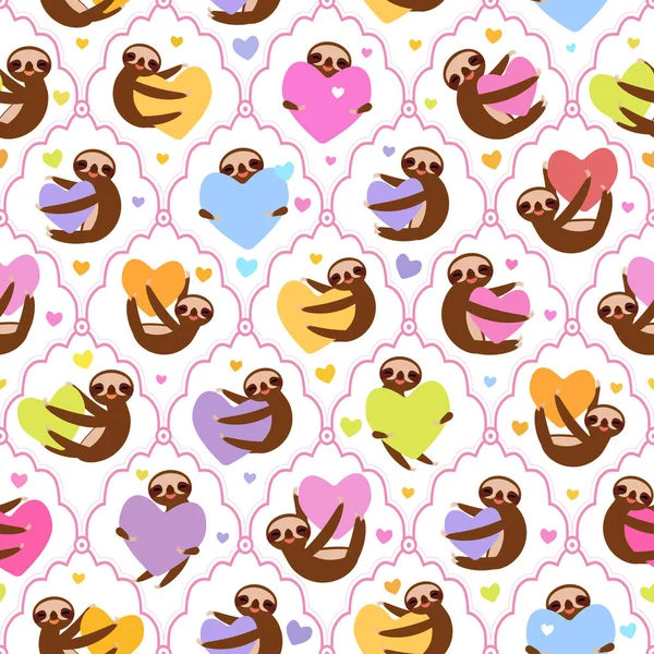 Seamless pattern Three-toed sloth holding pink, yellow, lilac, orange, blue, green heart, isolated on white background. Valentine's Day damask. Funny Kawaii animal for fabrics, wallpapers. Vector illustration