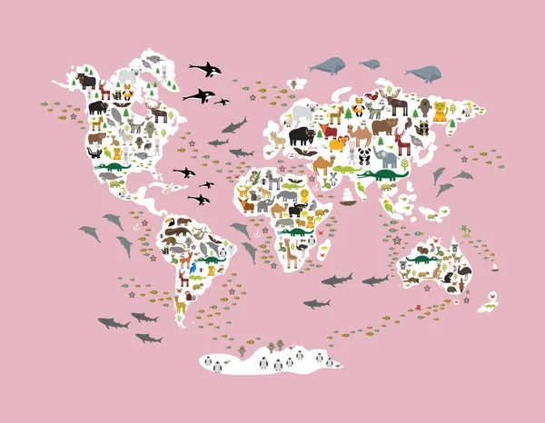 卡通动物世界的儿童地图 回到学校 来自世界各地的动物 白色的大陆上的岛屿上 粉红的玫瑰泛红 珊瑚背景的海洋 斯堪的纳维亚装饰 矢量说明 — 图库矢量图片#