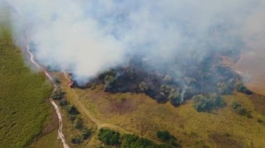 Bölgenin yakınındaki itfaiye arabası, ormandaki kuru ot ve ağaçların büyük ölçekte yanması nedeniyle yangın ve duman altında kaldı.