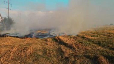 Big smoke clouds and fire on agriculture field. Flying over wildfire and smoking plumes. Natural disaster due to extreme heat and climate change