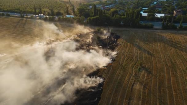 Cinematic shot burning field with dry stubble and smoking fire near highway with traffic cars at evening — Stock videók