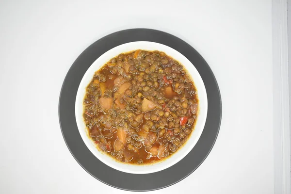 Gemüsesuppe Mit Mungdal Einer Weißen Tasse Auf Einem Grauen Teller — Stockfoto