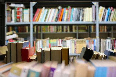 Kitaplar kütüphanede rafta.