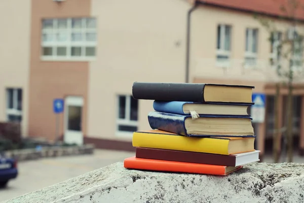 Books on the wall in front of the school