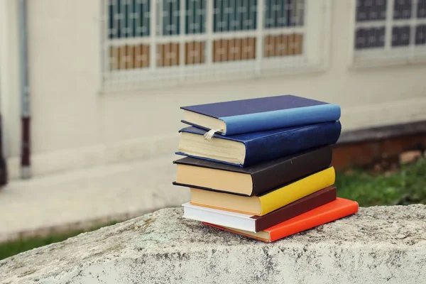 Books on the wall in front of the school