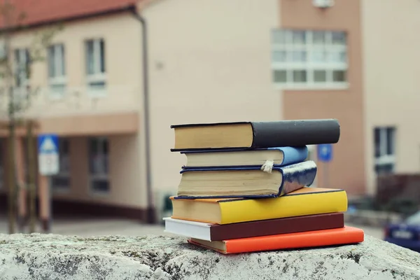 Books on the wall in front of the school