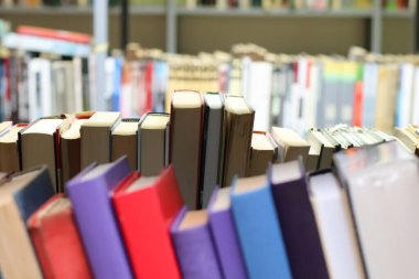 Kitaplar kütüphanede rafta.