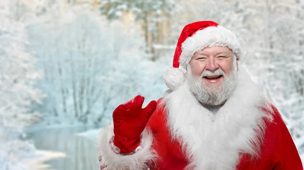 Szczęśliwy Uśmiechnięty Święty Mikołaj Odizolowany Zamarzniętym Lesie Studio Zdjęcie — Zdjęcie stockowe