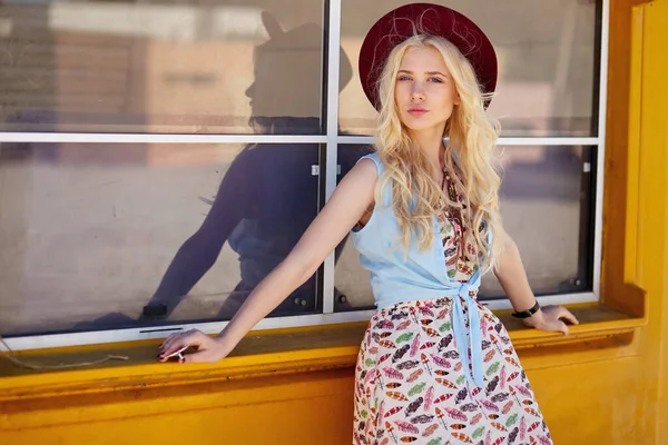 Attractive Girl Curly Blonde Hair Wear Dress Hat Posing Summer — Stockfoto