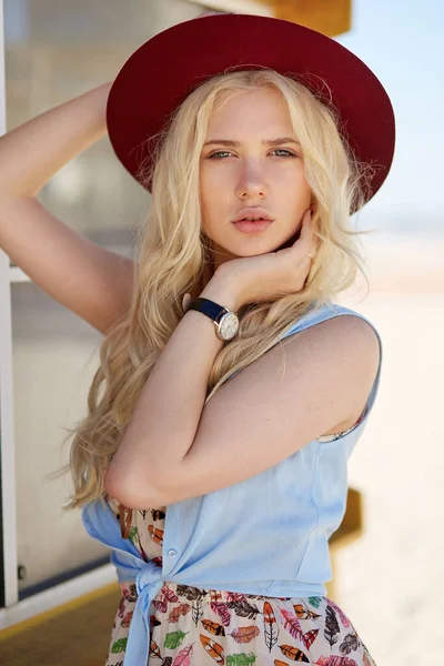 Blonde Stylish Girl Curly Hair Dressed Light Dress Hat Looking — Foto Stock