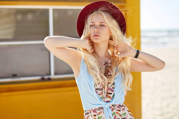 Blonde Young Woman Curly Hair Dressed Light Dress Hat Looking — 스톡 사진