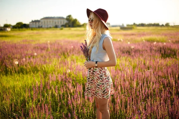 Profile Portrait Hipster Gorgeous Female Walking Field Posing Looking Side — Photo