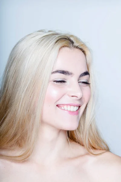 Closeup Front Portrait Young Woman Blonde Hair Isolated White Background — Fotografia de Stock