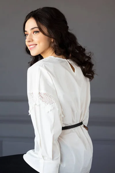 Beautiful Smiling Young Woman Wear White Shirt Looking Camera Posing — стоковое фото