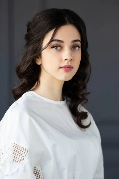 Closeup Front Portrait Smiling Young Woman Wear White Shirt Posing — Stock Photo, Image