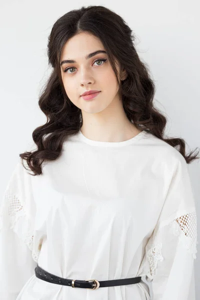 Beauty Profile Portrait Pretty Young Woman Wear White Shirt Posing — Stockfoto