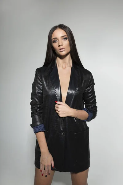 Full Length Image Beautiful Brunette Woman Leather Blazer Heel High — 스톡 사진