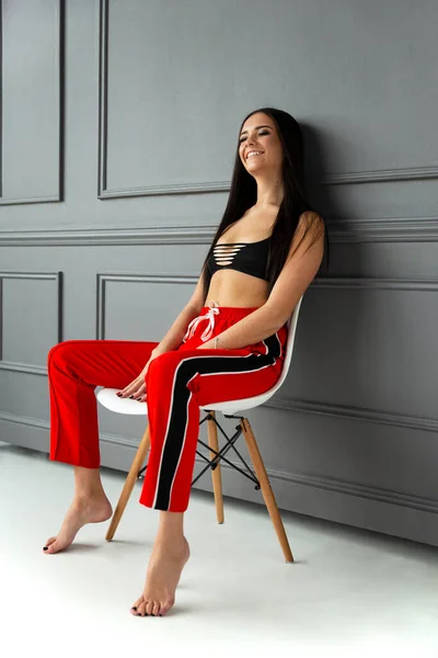 Full Length Image Brunette Young Woman Makeup Sitting Chair Posing — 스톡 사진