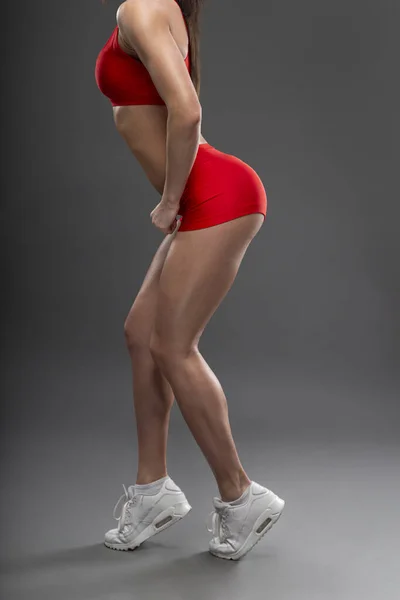 Rear View Muscular Athletic Young Woman Red Sport Wear Isolated — Foto Stock