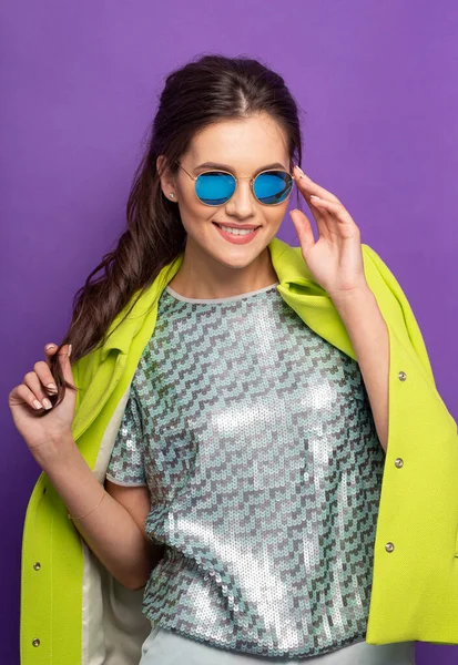 Front Portrait Fashion Model Sunglasses Beautiful Young Woman Dressed Trend — 스톡 사진