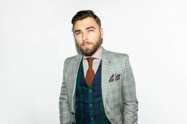 Front Portrait Confident Male Beard Elegant Classical Suit Isolated White — Stockfoto