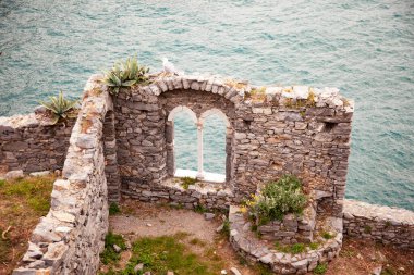 Top view of a ruins on the coast near the Mediterranean Sea, Europe, view of traditional Italian architecture.