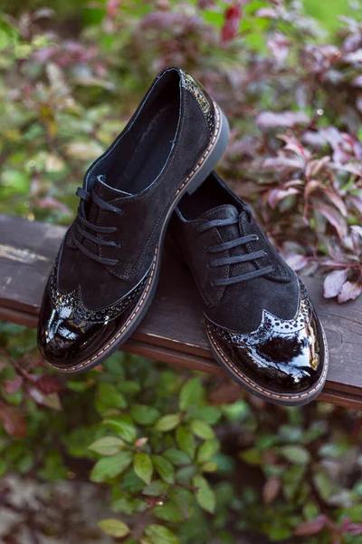 Men\'s Classic Black Leather Shoes arranged outside on a wooden plank, in garden. Vertical view.