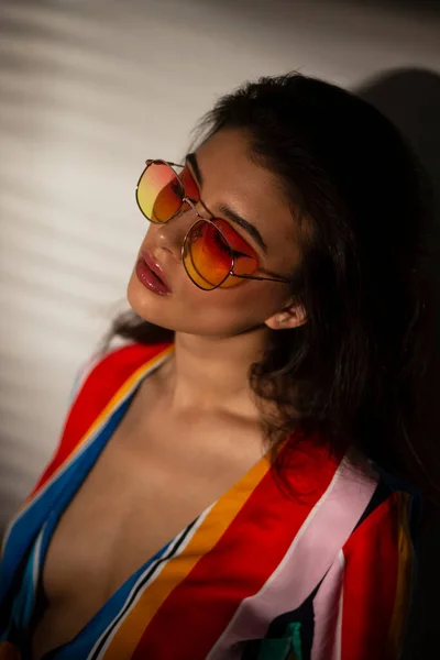 Portrait Young Seductive Elegant Woman Colorful Top Sunglasses — Stock Photo, Image