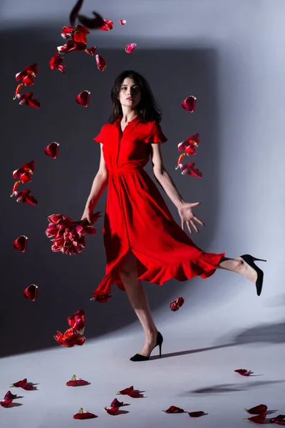 Imagen Larga Duración Una Joven Mujer Elegante Posando Vestido Rojo — Foto de Stock