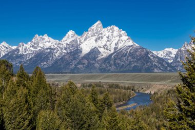 Snake River Overlook Grand Tetons Ulusal Parkı, Wyoming, ABD İlkbaharda, yatay