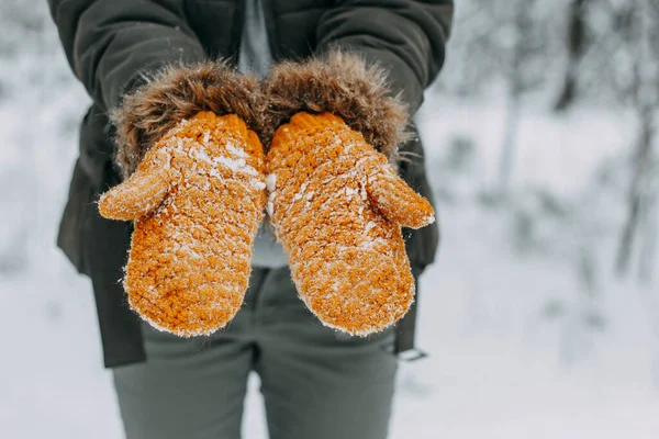 Luvas Malha Manchadas Com Neve Branca Tempo Inverno Jogos Bola — Fotografia de Stock