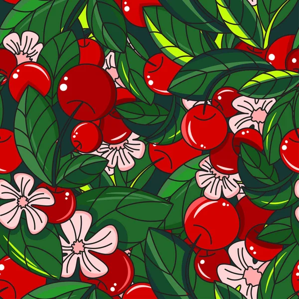 seamless vector pattern with cherries, leaves and flowers. bright color background picture