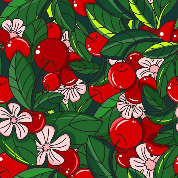 チェリーと葉と花でシームレスなベクターパターン 明るい色背景画像 — ストックベクタ
