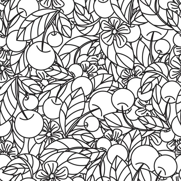 チェリー 桜の葉や花とシームレスな抗ストレス着色本 — ストックベクタ
