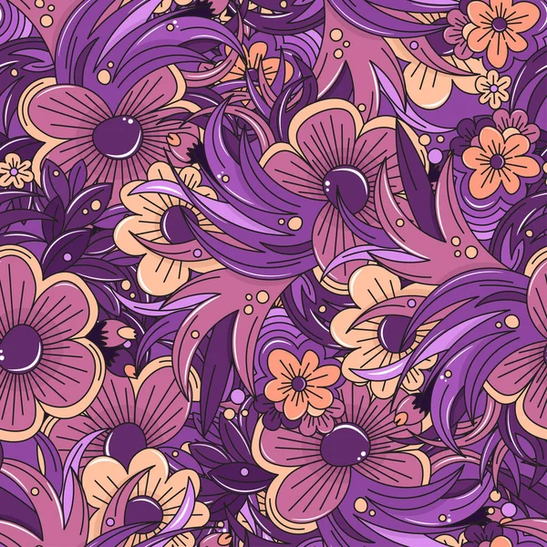 Beautiful Seamless Pattern Flowers Dew Drops Purple Tones — Stock Vector