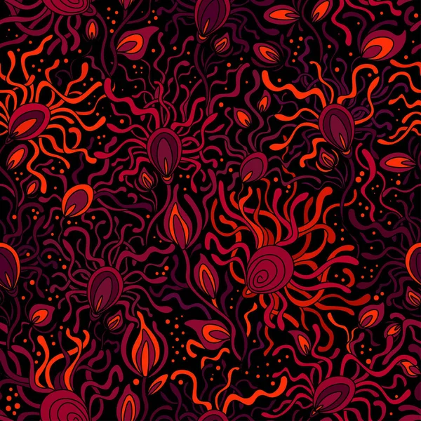 Siyah arkaplanda muhteşem kıvırcık çiçekleri olan kusursuz vektör deseni
