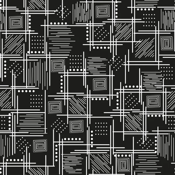 交差する線と点を持つ暗いモノクロのシームレスなパターン シームレスな壁紙をグランジ — ストックベクタ