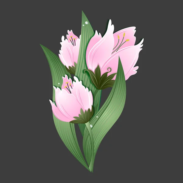 淡いピンクのチューリップ3枚と葉の花束 孤立したベクトル図 — ストックベクタ