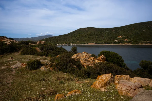 Mountains Rocks Covered Fresh Vegetation Surrounding Bay Mediterranean Sea Cloudy — Photo