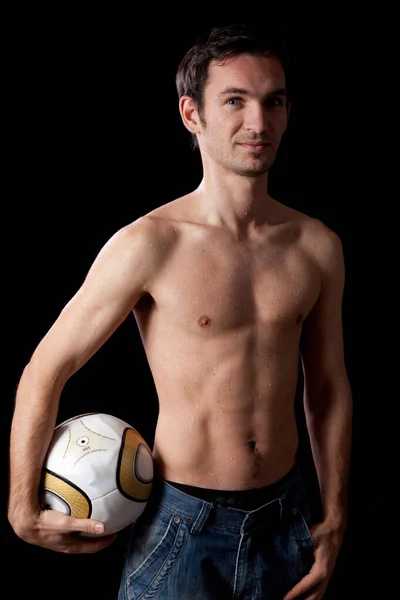 Hombre Sin Camisa Con Una Pelota Fútbol —  Fotos de Stock