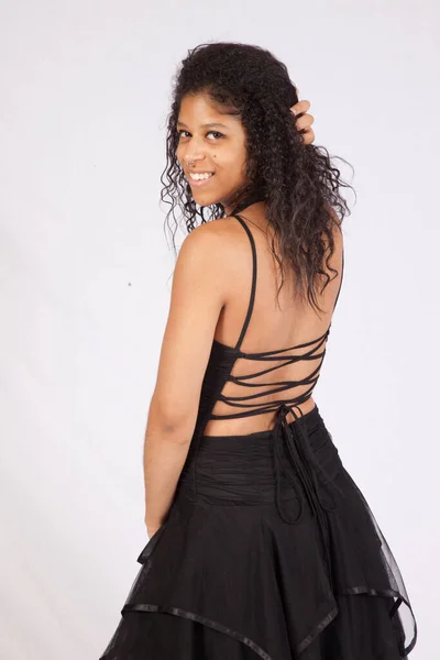 Beautiful Black Woman Black Dress — Fotografia de Stock