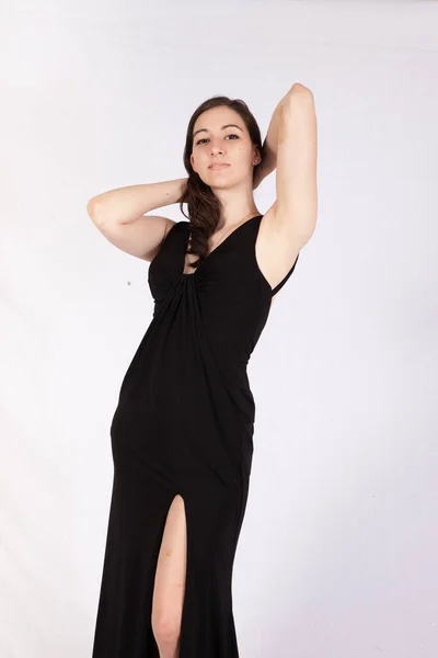 Pretty Woman Black Dress Looking Thoughtful — Fotografia de Stock
