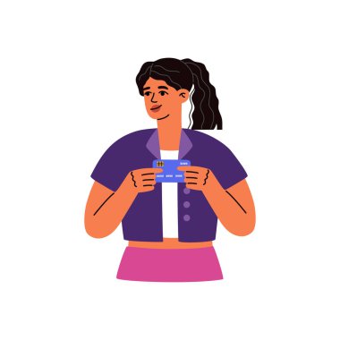 Kızın kredi kartı ya da banka kartı var. Güvenli elektronik ödeme, para transferi, nakitsiz alışveriş. El çizimi vektör çizimi beyaz bir arkaplanda izole edilmiş. Modern düz çizgi film tarzı.