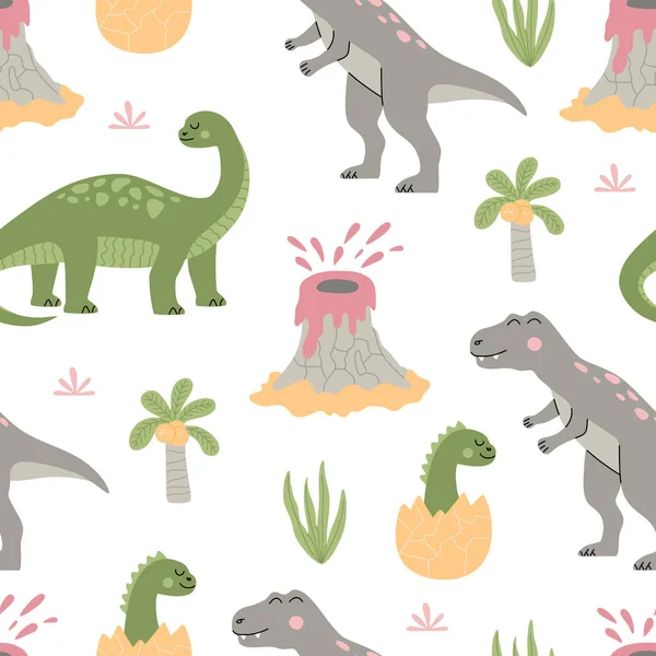漫画かわいい恐竜 かわいい熱帯植物 ヤシや火山とシームレスなパターン 白い背景に隔離されたカラフルな動物 手描きベクトルイラストでトレンディーなフラットスタイル — ストックベクタ