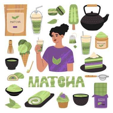 Matcha çayından yapılan çeşitli ürünler. Bisküvi, dondurma, latte, çikolata. Tören için araç gereç ve aksesuarlar. Kız içki tutuyor. El çizimi vektör çizimi. Düz çizgi film biçimi.