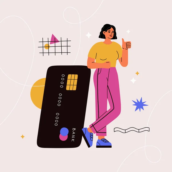 若い女の子は大きな銀行カードの近くに立っている クレジットまたはデビットライン キャッシュレス決済 送金お金 手描きのベクトルイラストは幾何学的な形で白地に孤立 平漫画風 — ストックベクタ