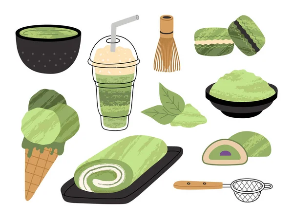 Σετ Πράσινο Τσάι Matcha Διάφορα Προϊόντα Και Αξεσουάρ Για Την — Διανυσματικό Αρχείο