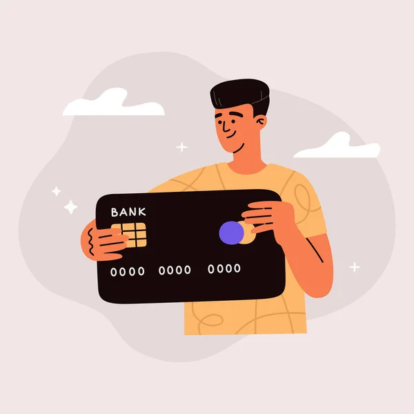 Mladý Chlapec Drží Velkou Kreditní Kartu Koncept Bezpečné Elektronické Platby — Stockový vektor