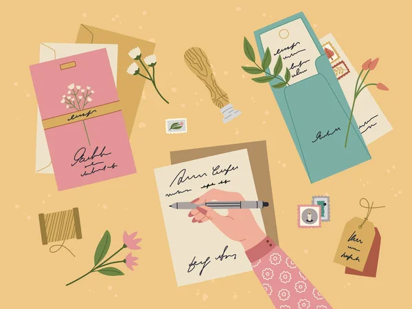 Diverses Enveloppes Colorées Cartes Postales Lettres Romantiques Cachet Poste Papeterie — Image vectorielle